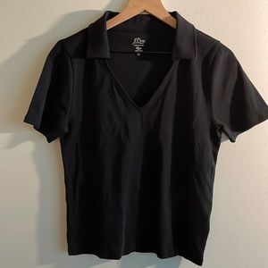 NWT. J. Crew Perfect Fit Cotton V-Neck Collared Top in Black. Size L
